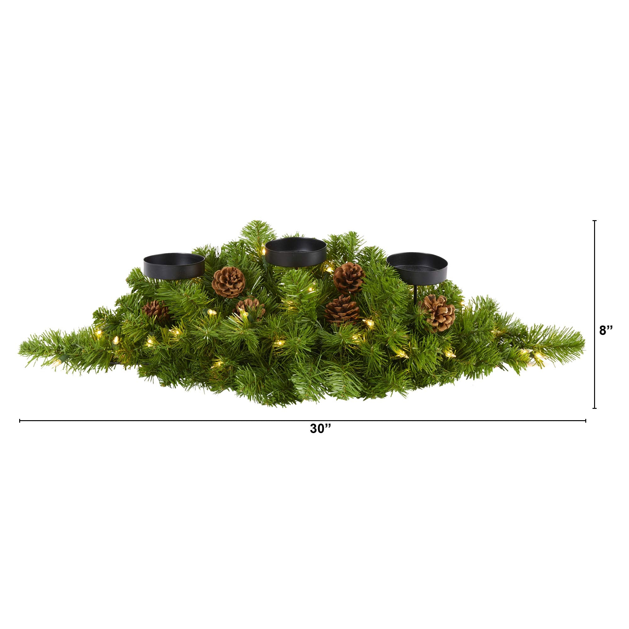 Nearly Natural 30in. Christmas Artificial Pine Triple Candelabrum with 35 Clear Lights and Pine Cones