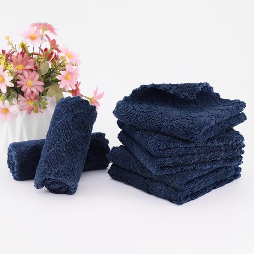 Homaxy Kitchen Dish Cloths - Super Soft & Absorbent Coral Velvet | 12 Pack, 10 x 10 Inches, Navy Blue