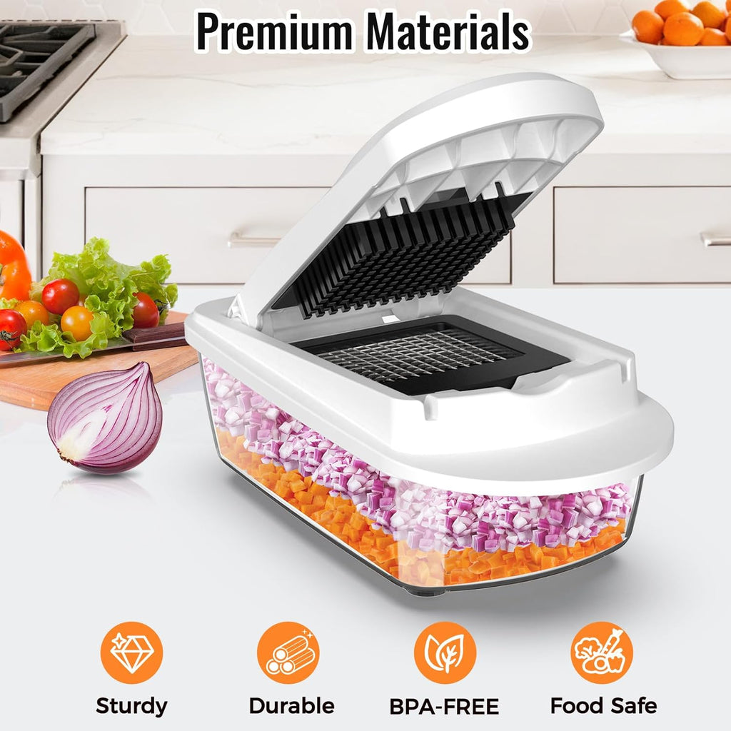 Skiennix 8-Blade Vegetable Chopper - All-in-One Mandoline Slicer with Container for Effortless Salad Prep | White