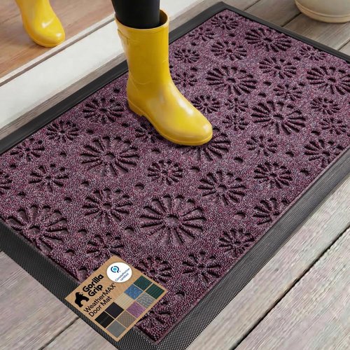 GORILLA GRIP Waterproof All-Season WeatherMAX Doormat - Durable Natural Rubber, 23x35, Easy Clean, Purple Confetti Daisy