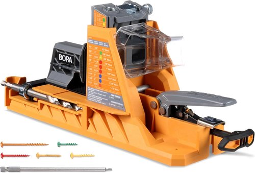 BORA Automatic Pocket Hole Jig Kit - Auto Adjusting Drill Guide with 50 Color-Coated Screws | For 1/2" to 1 1/2" Thick Materials