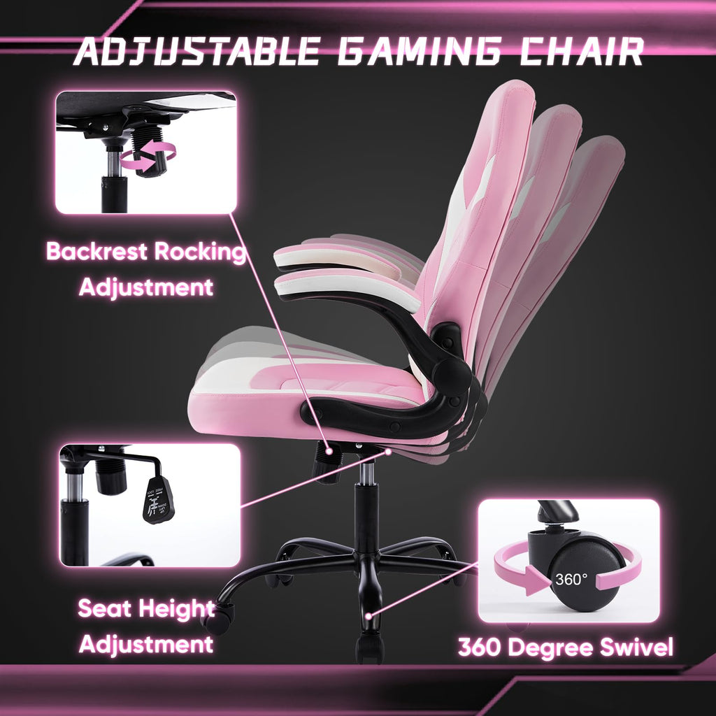 DUMOS Gaming Ergonomic Office Chair for Adults, Height Adjustable Computer Desk Chair with Flip-up Armrests, PU Leather Swivel Video Game Chair with 360° Rolling Wheels, Grey