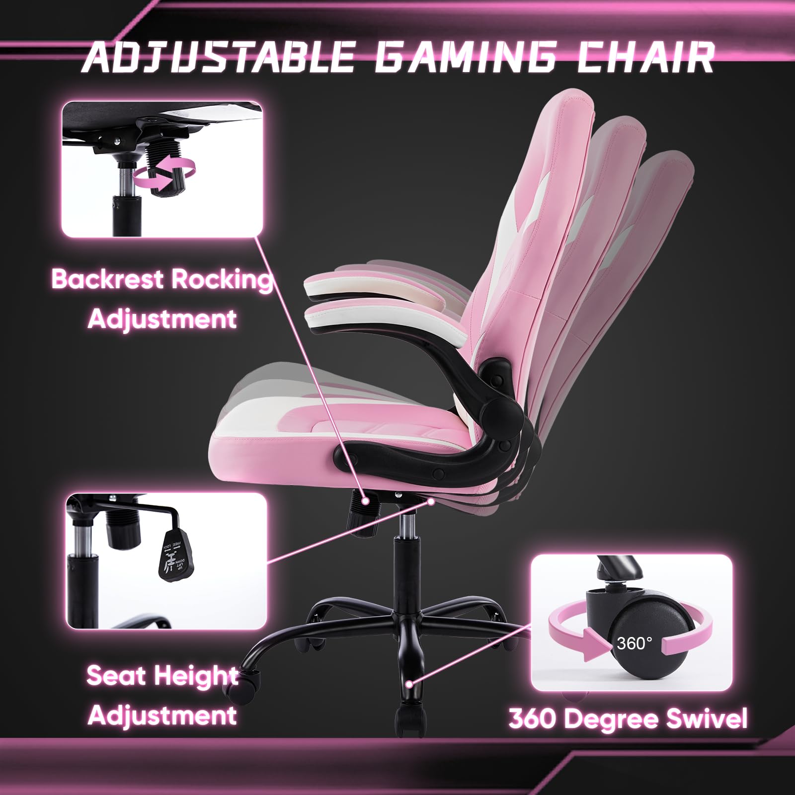 DUMOS Gaming Ergonomic Office Chair for Adults, Height Adjustable Computer Desk Chair with Flip-up Armrests, PU Leather Swivel Video Game Chair with 360° Rolling Wheels, Grey
