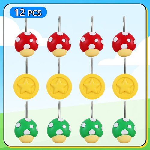 CTOHN 12PCS Mushroom Coin Shower Curtain Hooks Rings, Red Green Yellow Decorative Shower Hangers for Bathroom Decor
