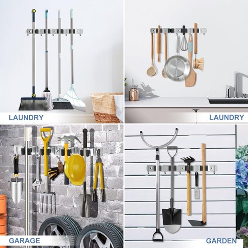 2 Pack Broom Holder Wall Mount Mop Hanger, Stainless Steel 4 Racks 5 Hooks Self Adhesive Heavy Duty Tool Organizer for Garage Kitchen Garden Laundry Room Home (Silver）