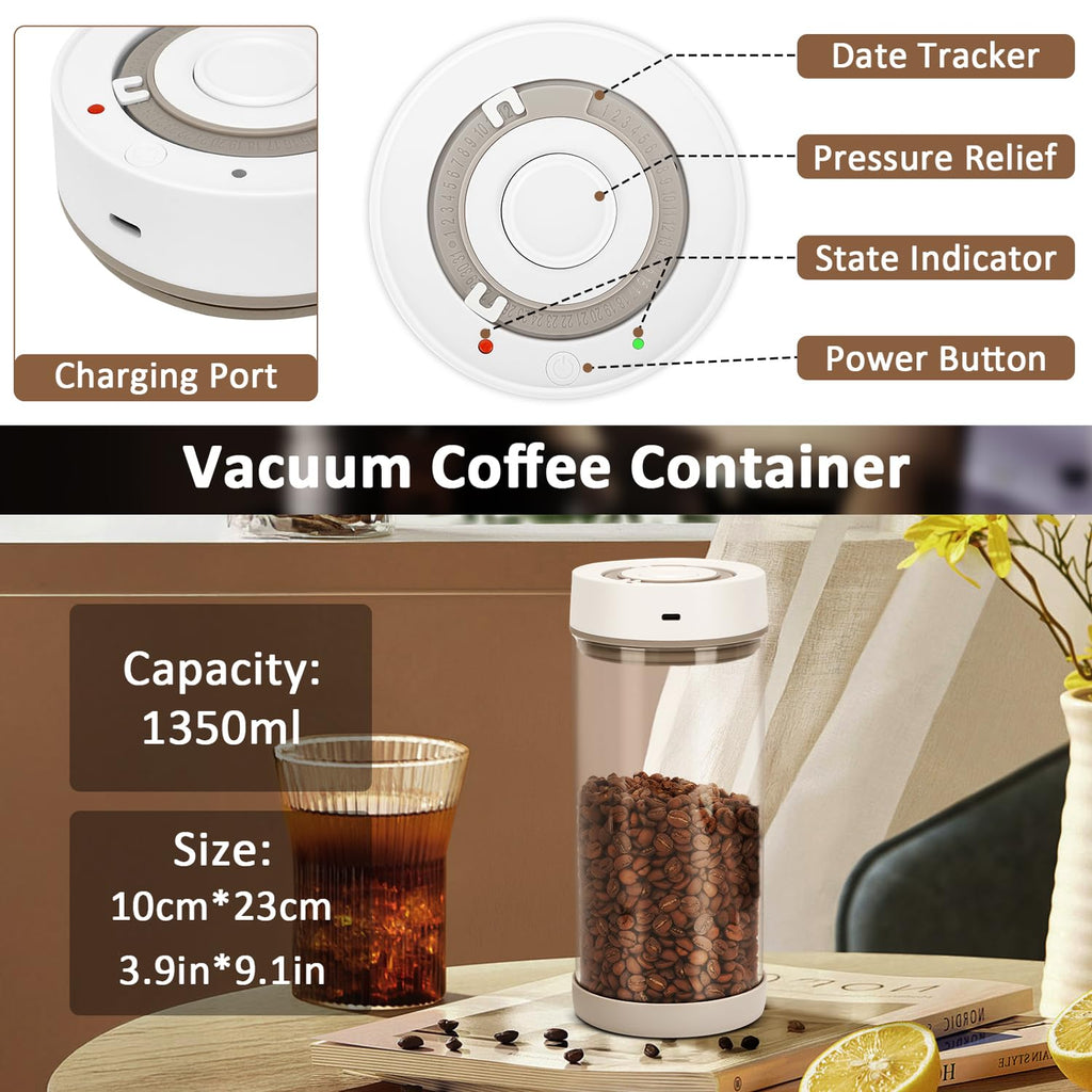 YINDUZ Automatic Vacuum Coffee Canister, 1.35L Airtight Coffee Canister for 18oz Coffee Beans, One-Button Operation & Date Tracker, Coffee & Food Storage Container, Coffee Bar Accessories, Gifts