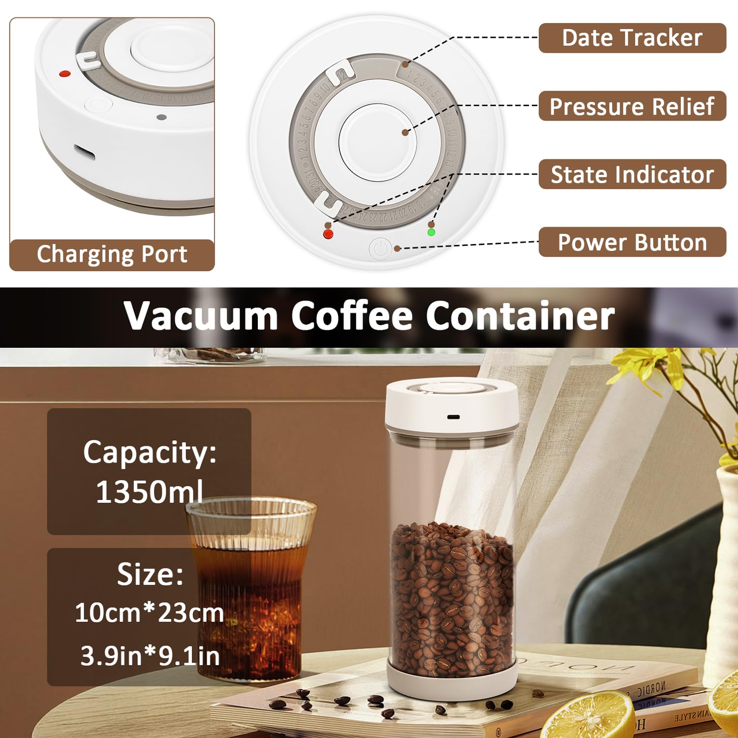 YINDUZ Automatic Vacuum Coffee Canister, 1.35L Airtight Coffee Canister for 18oz Coffee Beans, One-Button Operation & Date Tracker, Coffee & Food Storage Container, Coffee Bar Accessories, Gifts