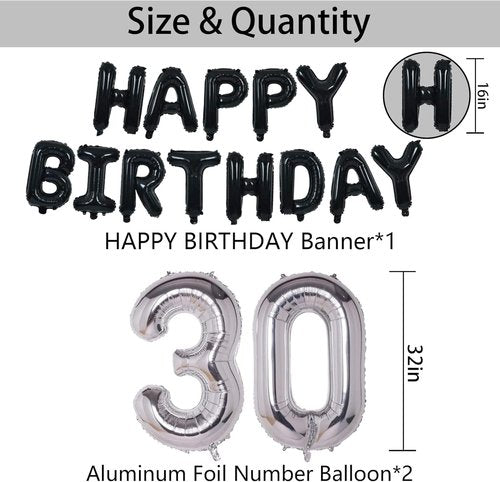 30th Birthday Party Decorations | Black & Silver Theme with Banner, Balloons & Foil Stars