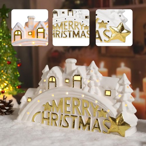 Bdor Lighted Ceramic Christmas Village Decor - 11" White LED House with Golden "Merry Christmas" Sign | Battery Operated Holiday Tabletop Decoration