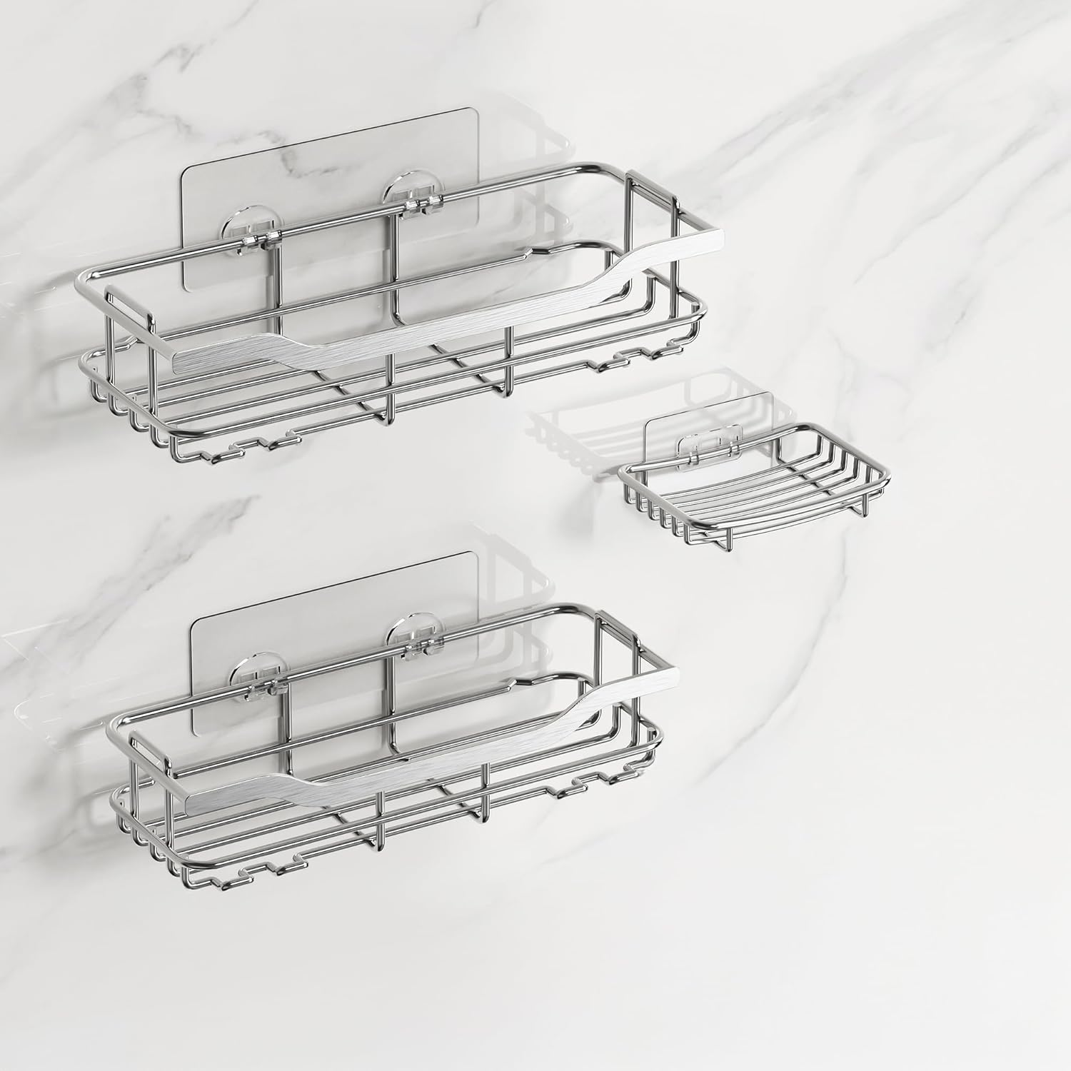 Omaira Shower Caddy - 3-Pack Adhesive Organizer with Soap Holder | Rustproof No-Drill Shelves, Silver