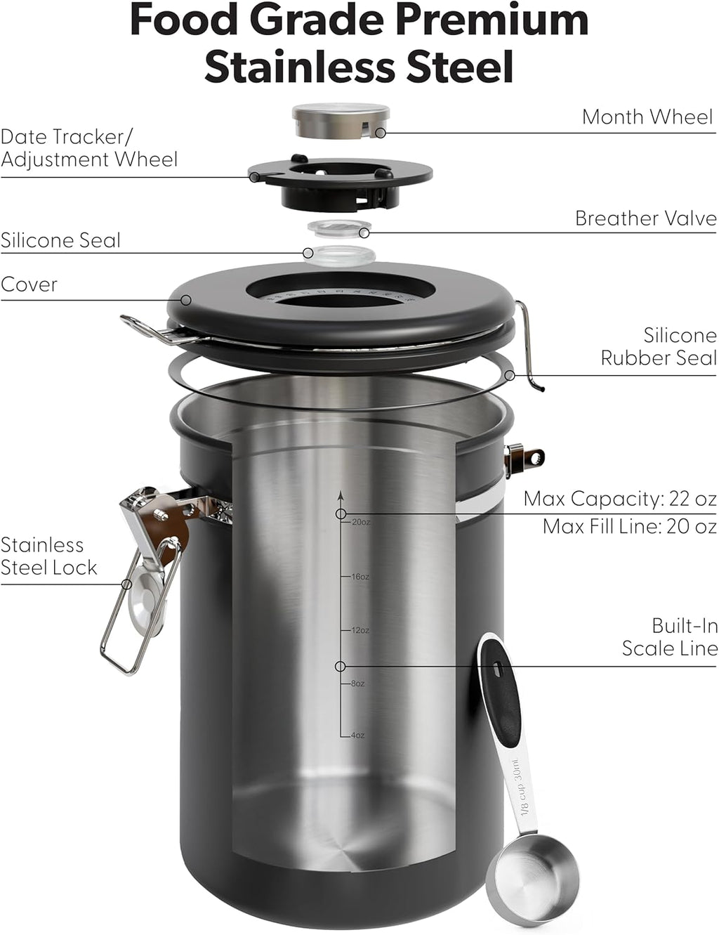 Veken Coffee Canister - Airtight Stainless Steel Storage Container with Window | 22oz Black