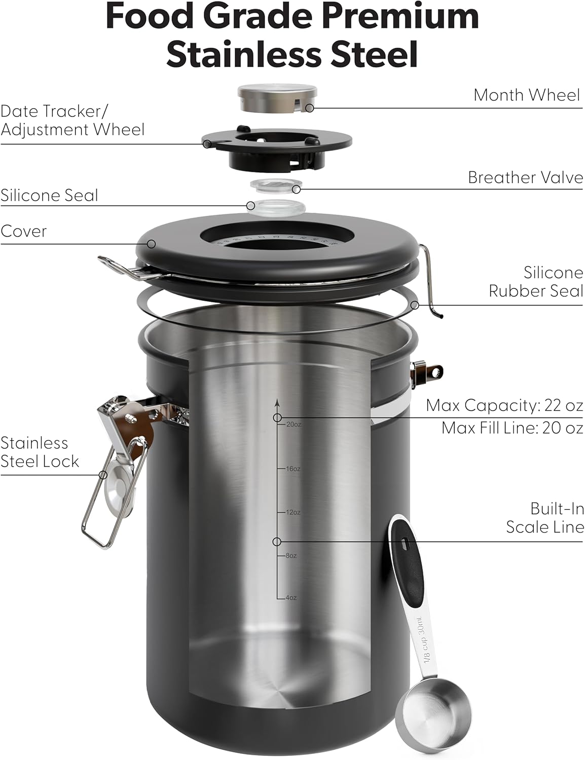 Veken Coffee Canister - Airtight Stainless Steel Storage Container with Window | 22oz Black