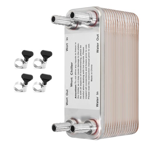 FERRODAY 40 Plate Wort Chiller, 1/2 Barb Fitting Brazed Plate Heat Exchanger, Stainless Steel Homebrew Plate Wort Chiller, Beer Chiller Wort Cooler Heat Exchanger For Brewing-7.5" x 3.8"