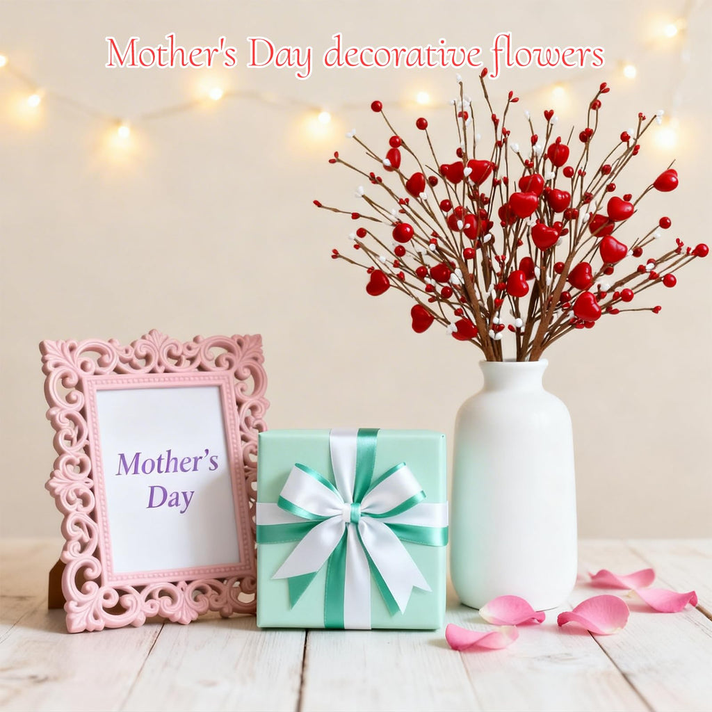 Wootkey 4Pcs Artificial Mother's Gift Decorations Red Heart Berry Stems Heart Shaped Berry Gifts Flowers for Wedding Anniversary Party Supplies Decor