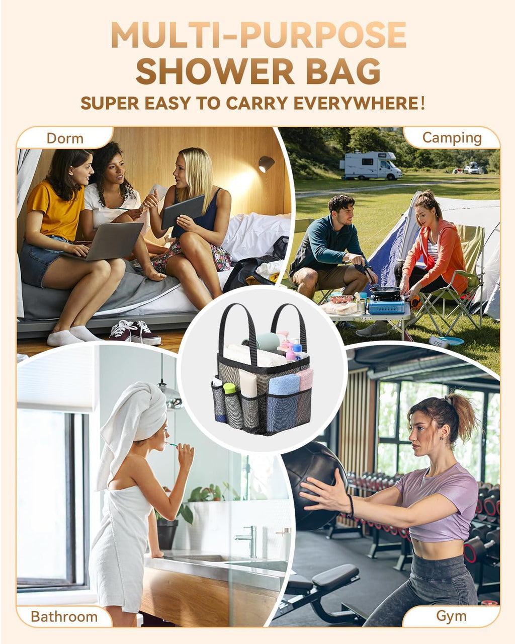 Temede Mesh Shower Caddy Tote - Large Portable Bath Organizer with 8 Storage Pockets | Quick Dry for College, Gym, Travel
