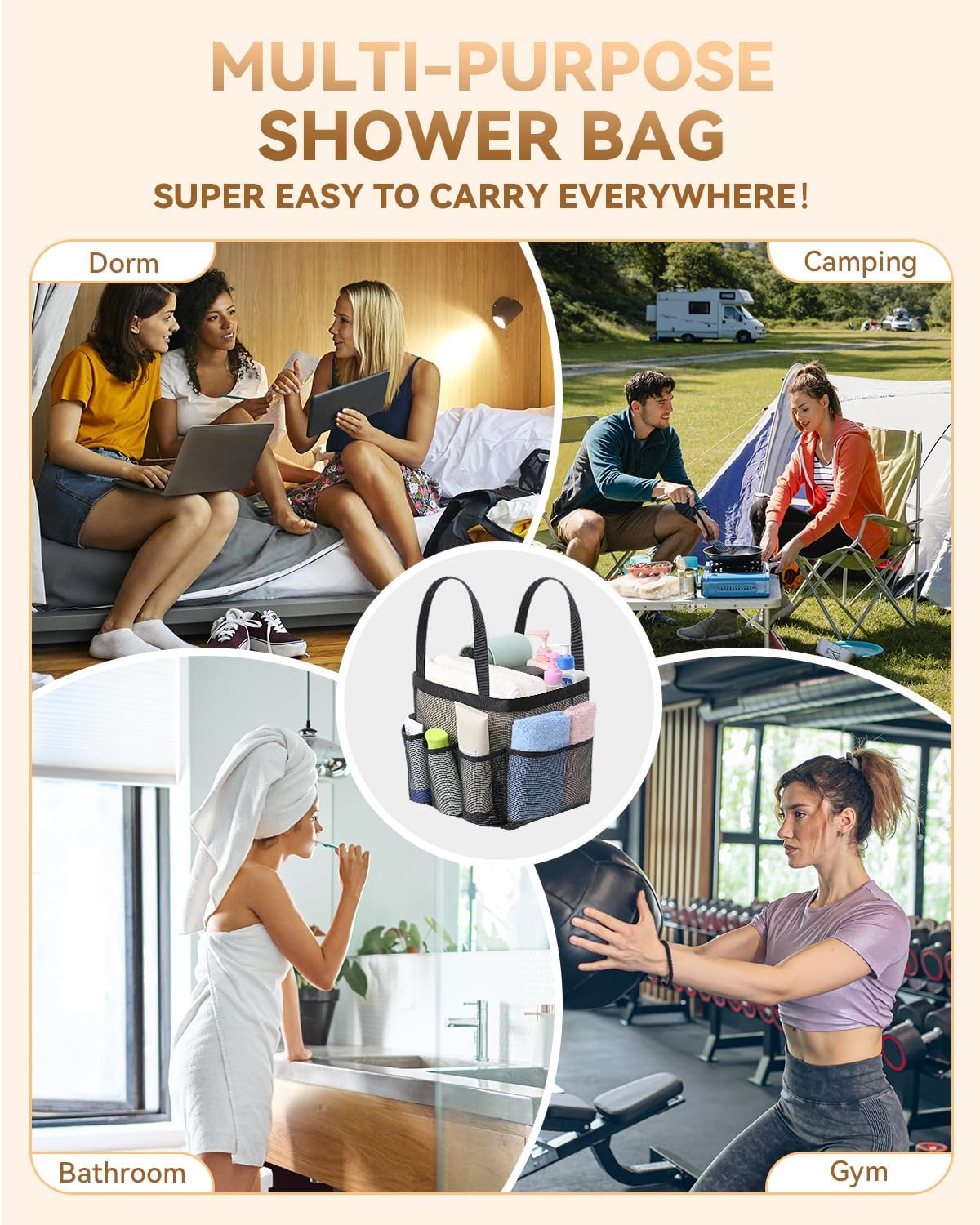 Temede Mesh Shower Caddy Tote - Large Portable Bath Organizer with 8 Storage Pockets | Quick Dry for College, Gym, Travel