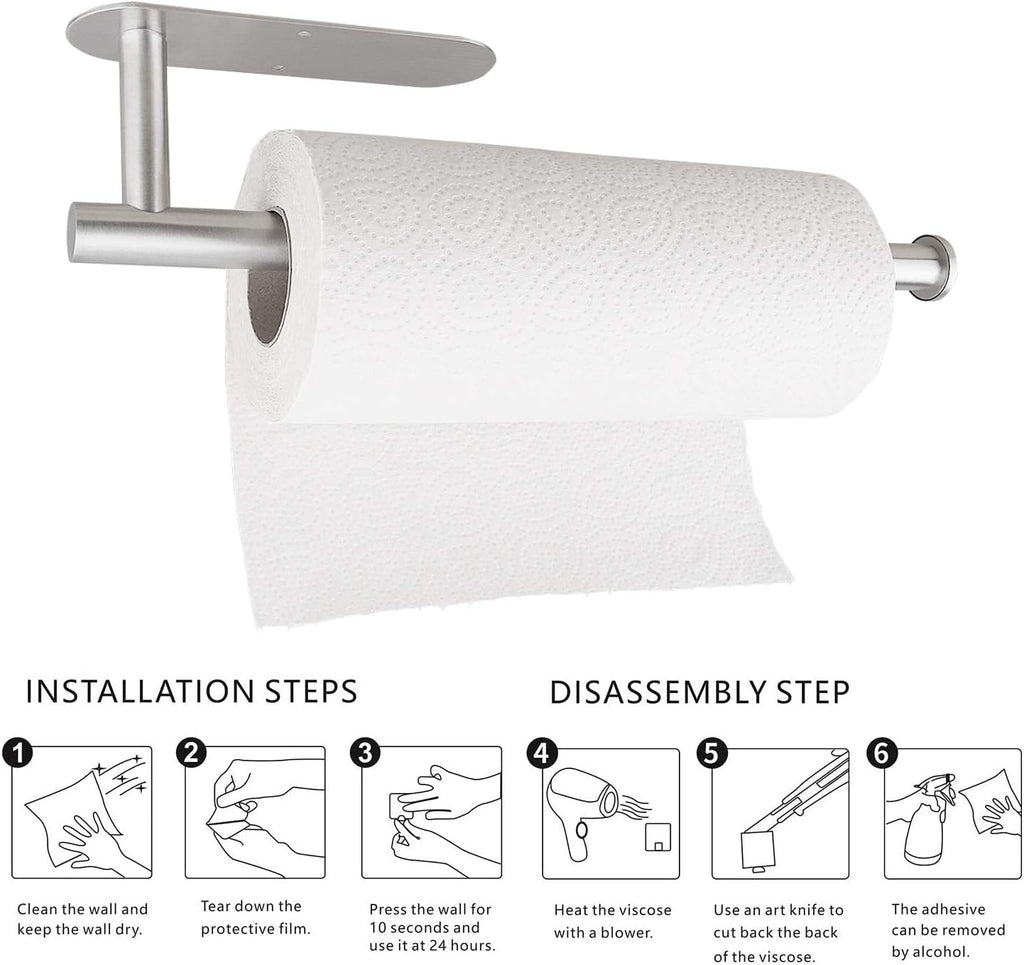 Skiennix Paper Towel Holder - Self-Adhesive Under Cabinet Design | Stainless Steel Finish