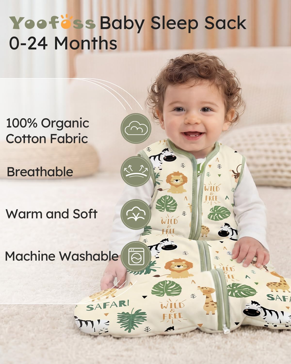 Yoofoss Baby Sleep Sack - 1.5 Tog Wearable Blanket for 0-6 Months | Soft Organic Cotton, 2-Way Zipper