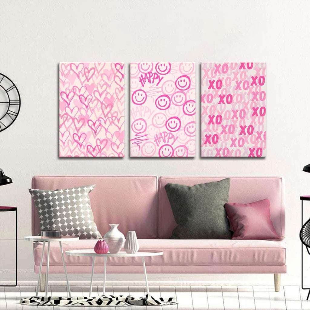 Simplicity Pink Wall Art Set of 3 - Heart Shaped Doodle Smiley XO | Modern Canvas Prints for Girls' Bedroom - Framed 12x16 Inch