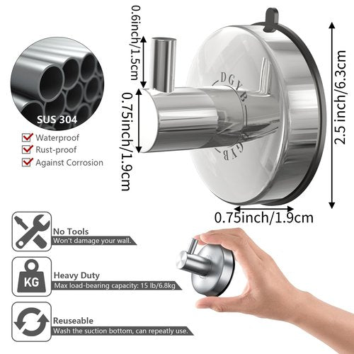 DGYB Suction Cup Hooks - 15LB Shower Hooks for Inside Shower, Stainless Steel No Drill Wall Hook Set of 2 Chrome Towel Hook for Bathrooms, Loofah, Robe