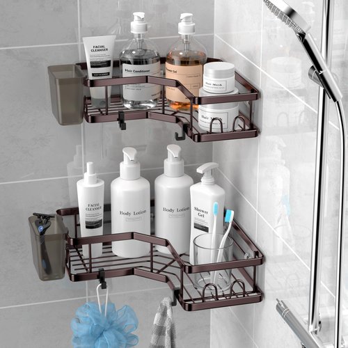 AKTECKE Shower Caddy - 2-Pack Corner Organizer with Adhesive Shelves & Hooks | No-Drill Stainless Steel Bathroom Storage