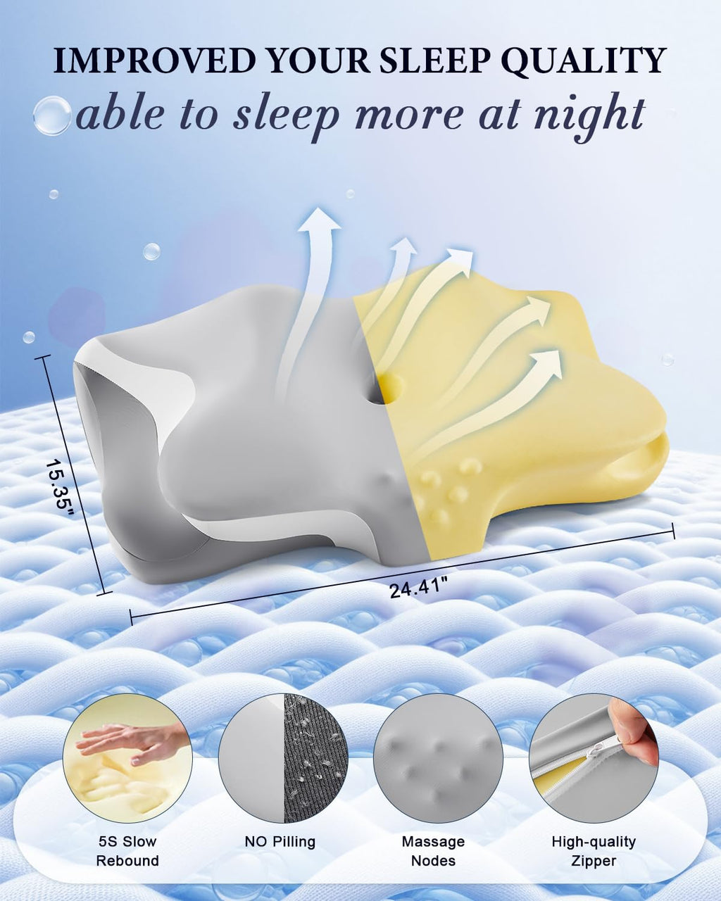 Cervical Neck Pillow for Pain Relief, Cooling Ergonomic Memory Foam Pillows for Sleeping with Breathable Pillowcase, Contour Deep Sleep Neck Support Pillow for Side Back Stomach Sleepers-Light Grey