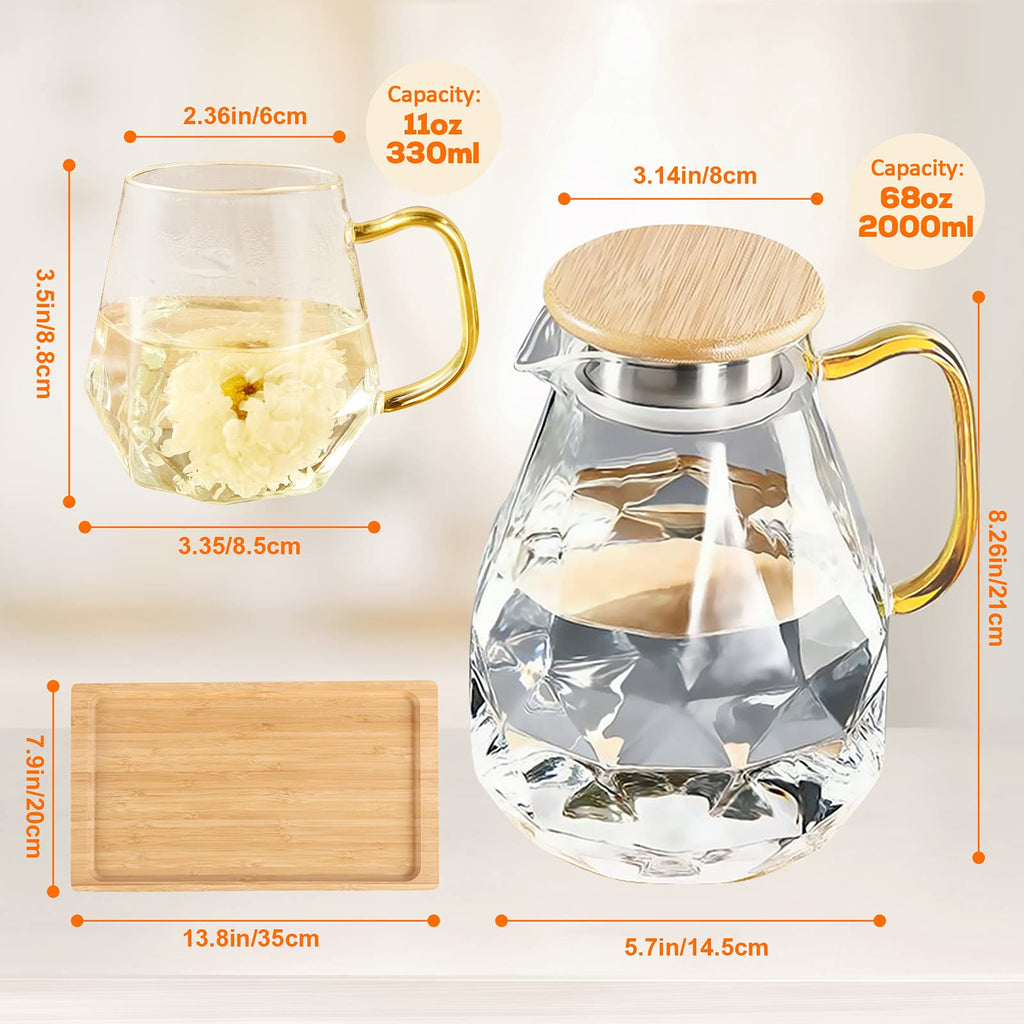 DUJUST Glass Pitcher Set (68 oz) with 4 Cups & 1 Tray, Elegant Diamond Design Water Pitcher with Handle, High Durability Glass Jug for Fridge, Glass Carafe for Iced Tea/Juice/Beverage/Coffee/Drinks