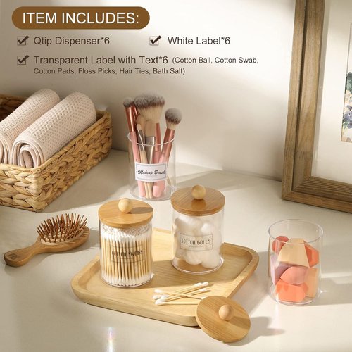 Bamboo Qtip Holders by Skiennix - 6-Pack Bathroom Storage for Cotton Balls, Swabs & Pads