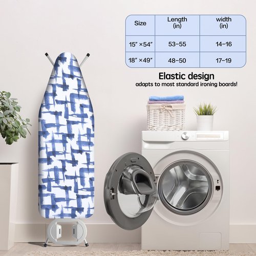 Ironing Board Cover and pad - 15 x 54 Thick Padding 4 Layers with 2" Elastic, Stain Resistant & Durable Scorch, 2 Click Buckles for Smooth Iron/Easy Installation in Laundry Room, Blue Brushstrokes