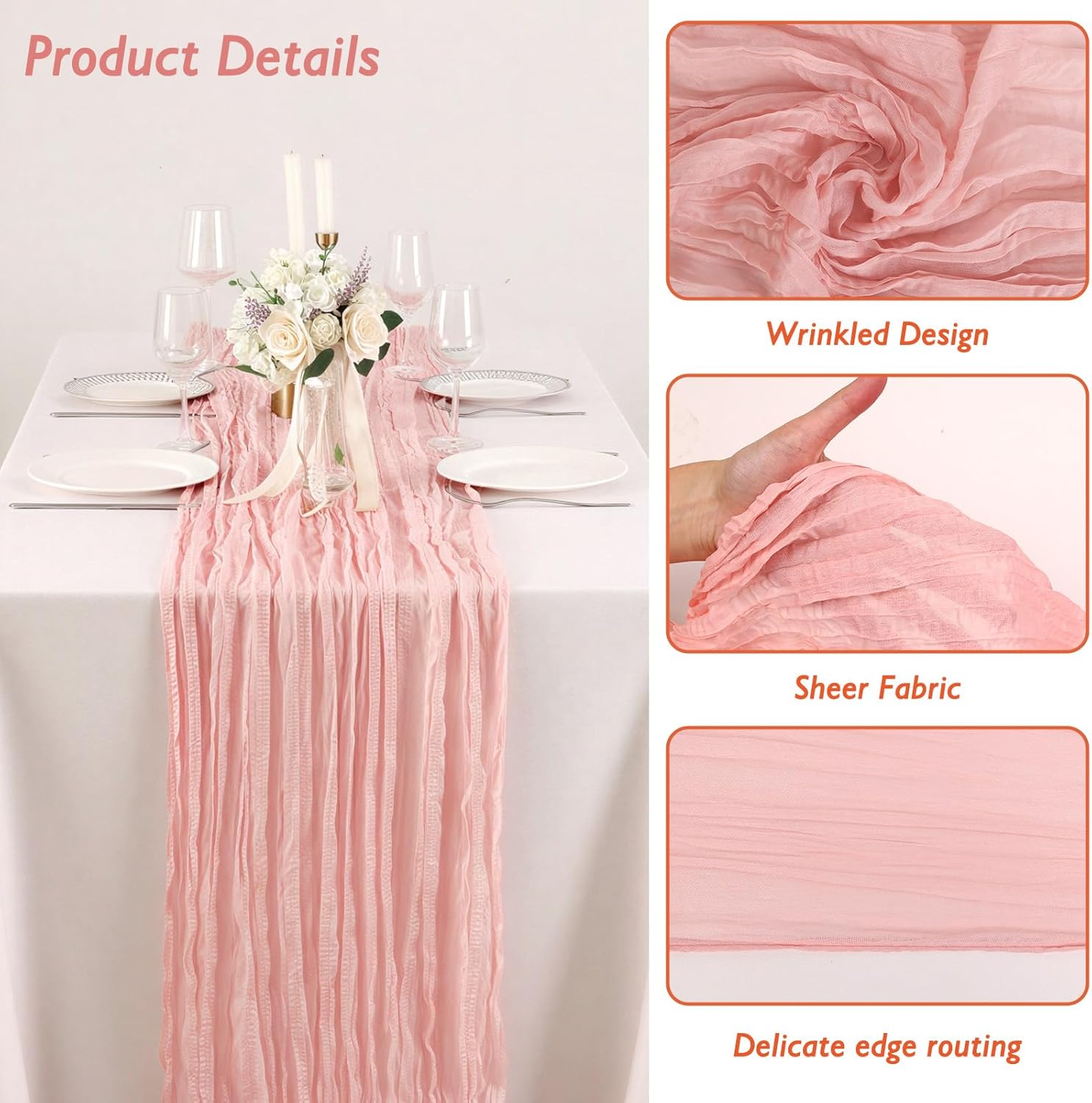 Peach Pink Cheesecloth Table Runner - 35x120 Inch for Baby Showers, Weddings & Parties