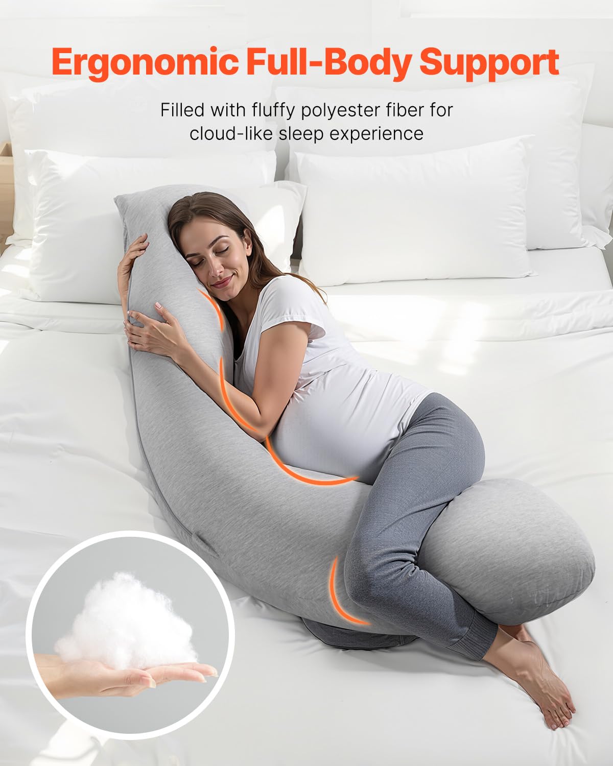 VEVOR Pregnancy Pillow - L-Shaped Maternity Body Pillow for Side Sleeping | Soft, Breathable, Washable Jersey Cover - Light Gray
