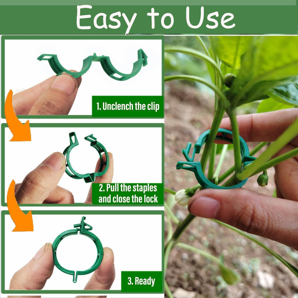 Plant Support Clips - 100pcs Tomato & Grape Vine Clips for Garden Trellis | Durable Green Plastic