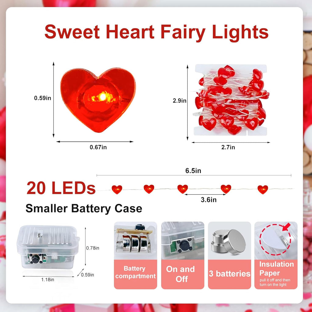Skiennix Valentine's Day Red Heart Fairy Lights - 7Ft 20 LED Twinkle String Lights | Battery Operated & Waterproof, 2 Pack