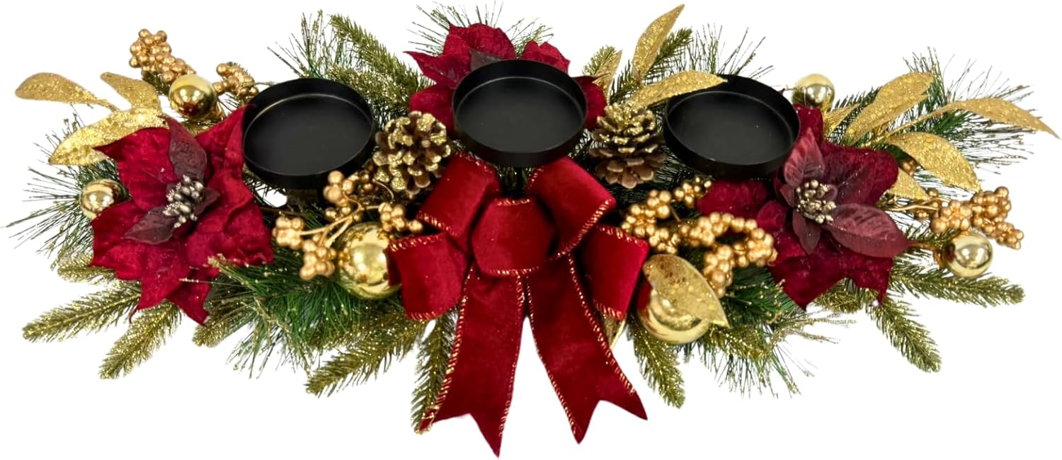 Svndlyn Christmas Candle Holders - Festive 3-Piece Set with Red Poinsettia, Golden Pine, and Berries for Table Centerpiece