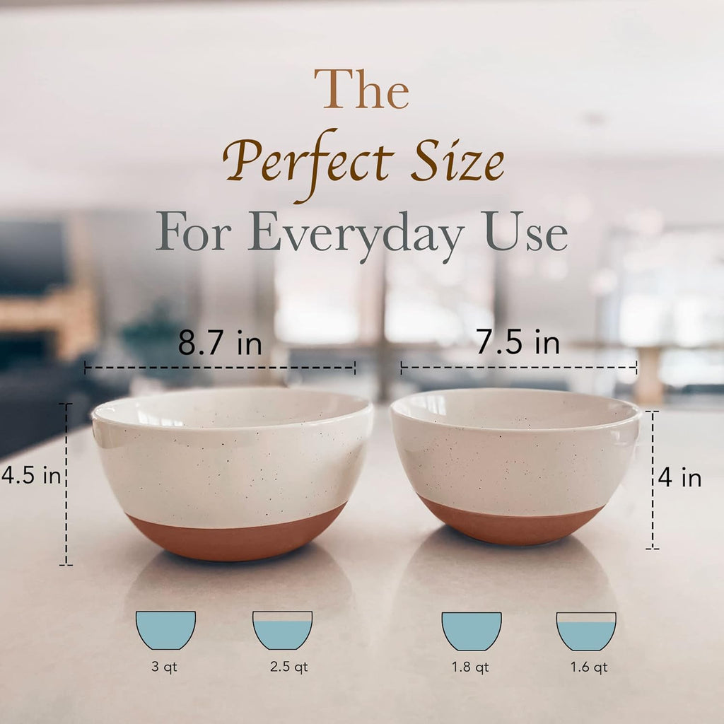 Mora Ceramic Mixing Bowls Set - 2 Large Nesting Bowls for Cooking & Serving | Microwavable, Dishwasher Safe - 2.5 & 1.6 Qt - White