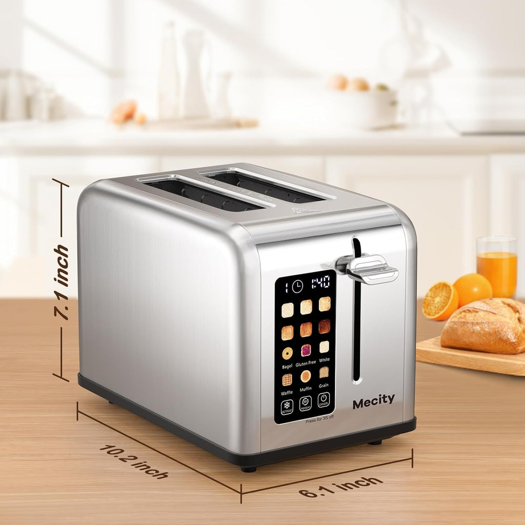 Mecity Stainless Steel 2-Slice Toaster - Touch Screen, 1.5" Wide Slot, Timer & Defrost Functions