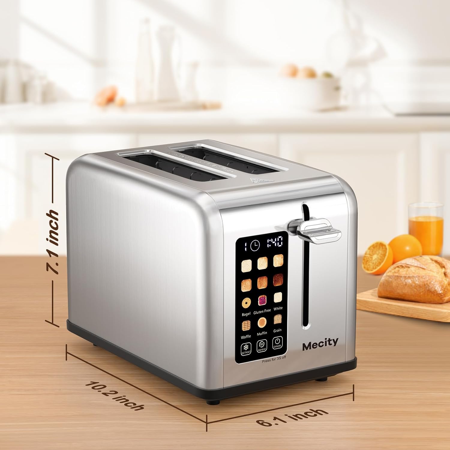 Mecity Stainless Steel 2-Slice Toaster - Touch Screen, 1.5" Wide Slot, Timer & Defrost Functions