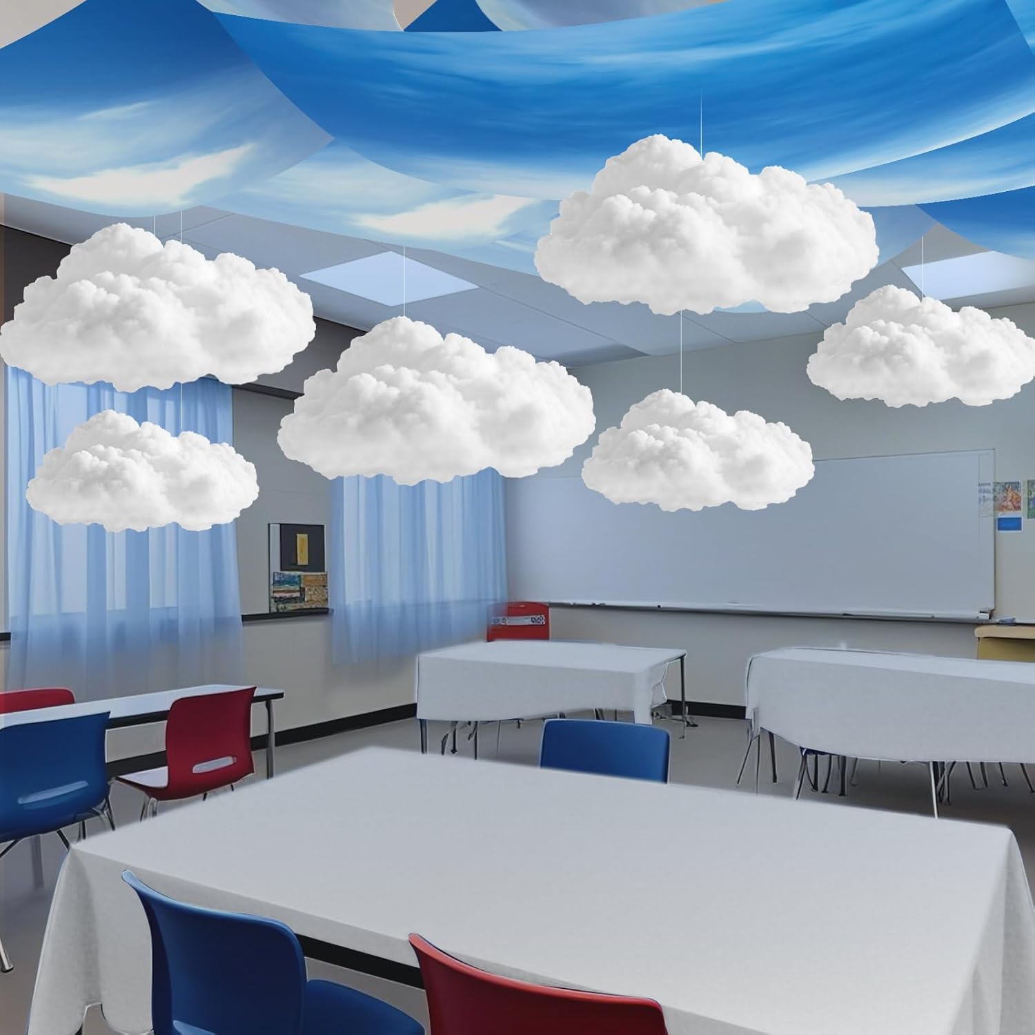 VioraWhite 9 Pcs Blue Sky White Cloud Ceiling Decor - 12x2 Ft Fluorescent Light Covers & 3D Cloud Props