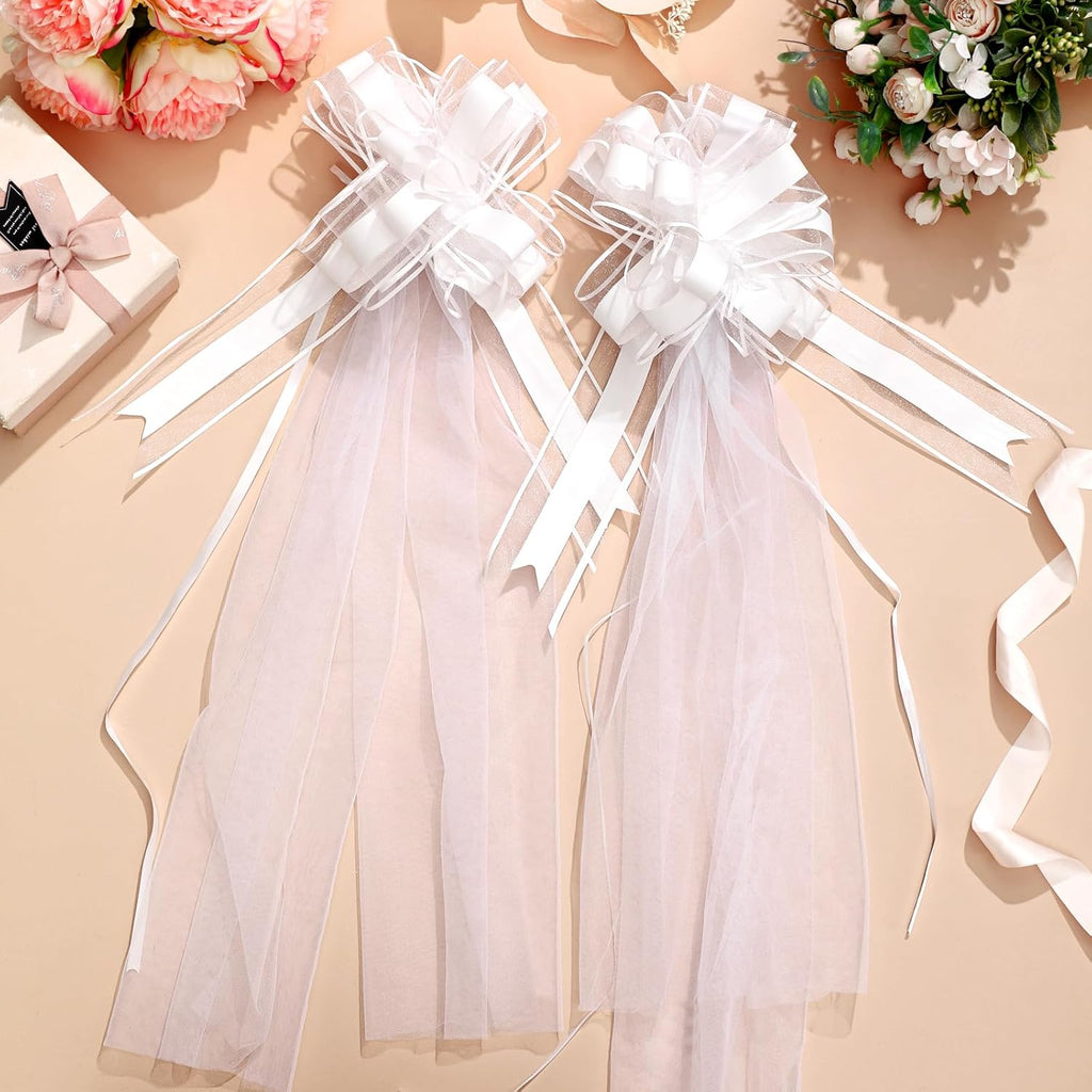 Skiennix 12 Set Large Wedding Pew Bows - Elegant White Tulle Tails for Aisle & Car Decorations