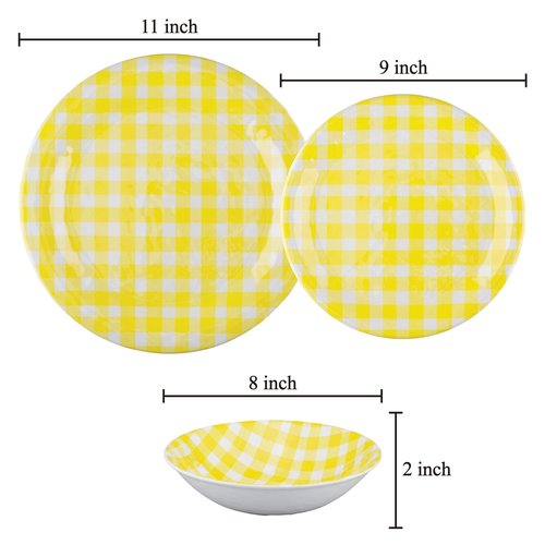 UPware 12 Piece Gingham Melamine Dinnerware Sets, Outdoor Dishes Set, Plates and Bowls Sets, Service for 4, Yellow