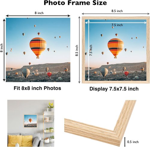 JCJMY 8x8 Picture Frame - Versatile Wall & Tabletop Display | Shatter-Resistant Plexiglass, Natural Finish