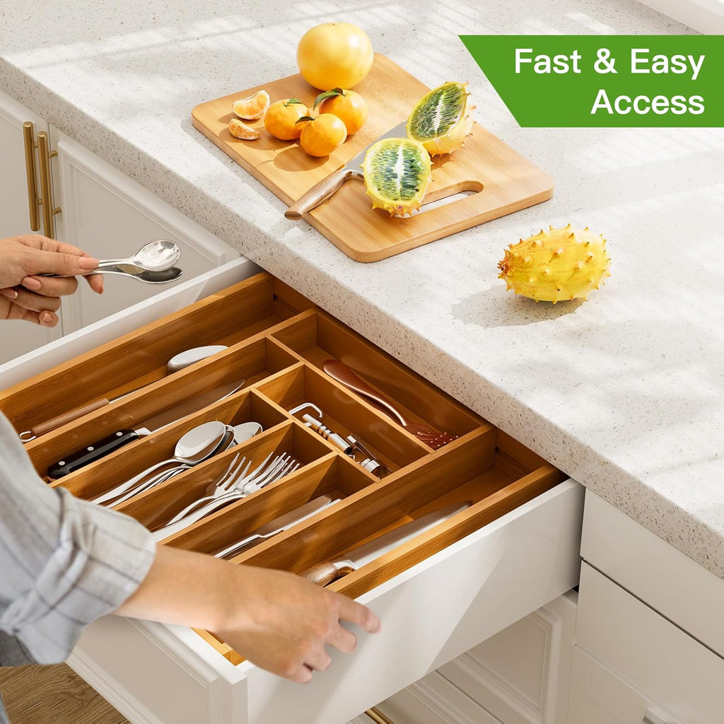 Pipishell Bamboo Expandable Drawer Organizer - Adjustable Utensil Holder & Cutlery Tray | M-Brown