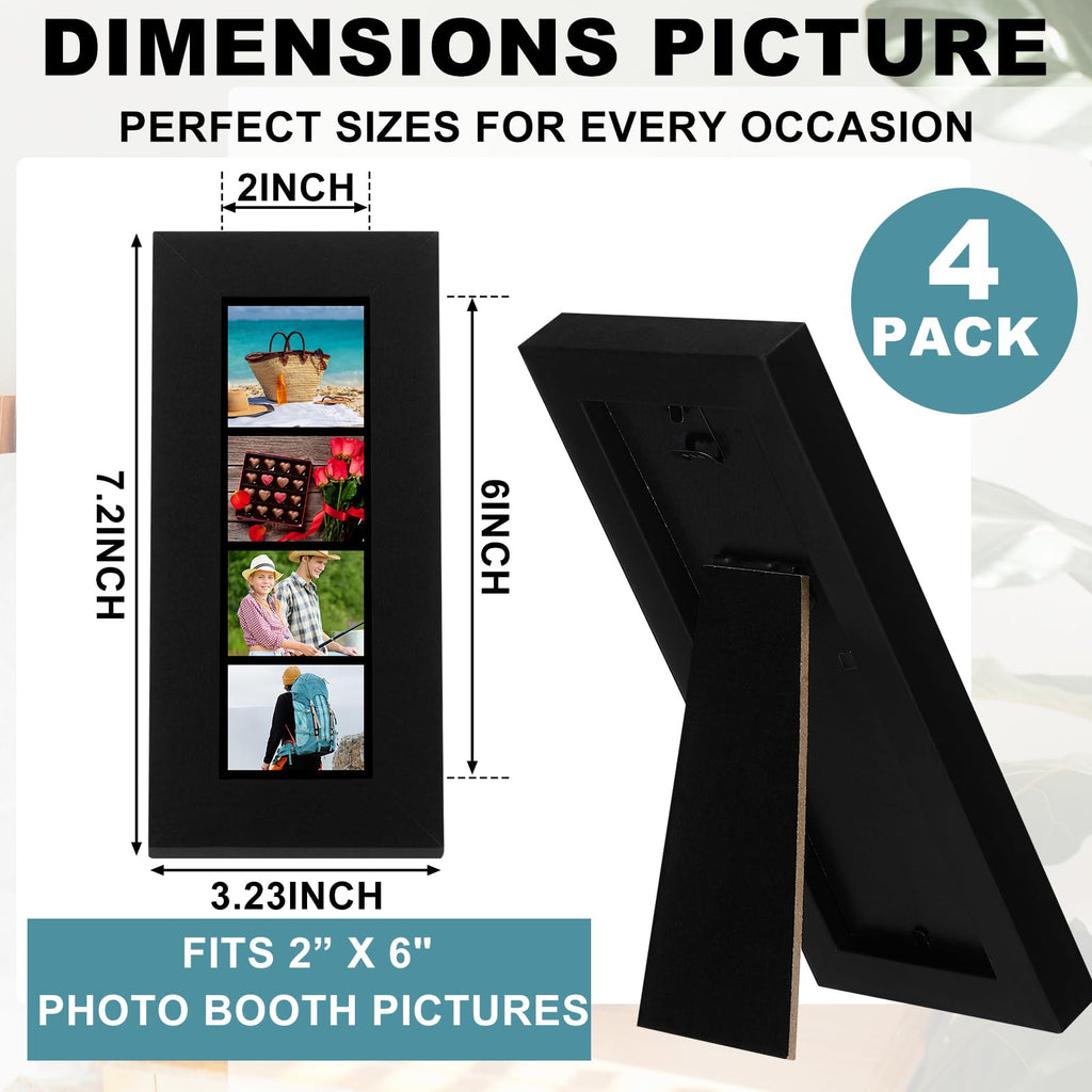 Briwooody 4 Pack Photo Booth Frames 2x6 Photo Strip Frame with Stand Wooden Wall and Tabletop Display Film Picture Holder with Clear Glass for Wedding Grad Baby Shower Picture Booth(Black)