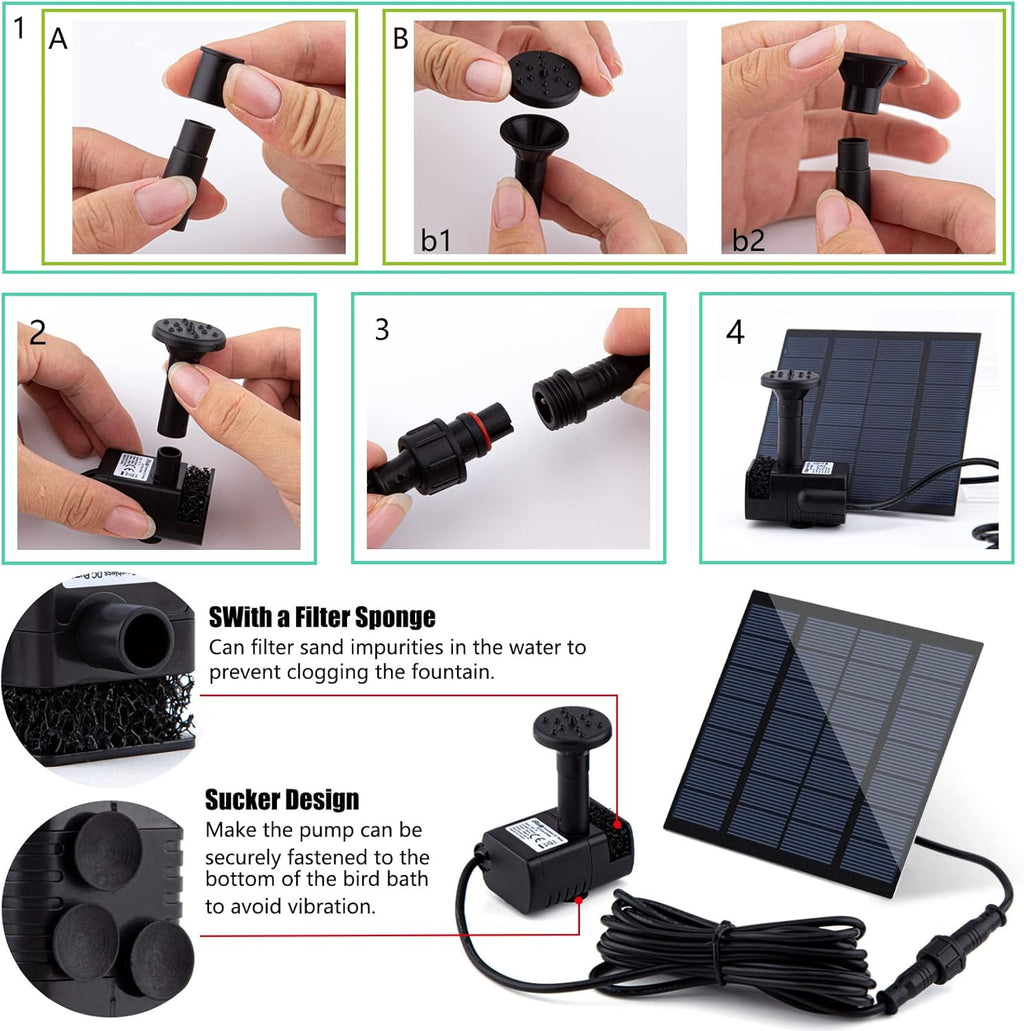 Skiennix Solar Fountain Pump Kit - 1.8W Upgraded Water Pump with 3M Cable & 4 Nozzles for Bird Bath & Garden