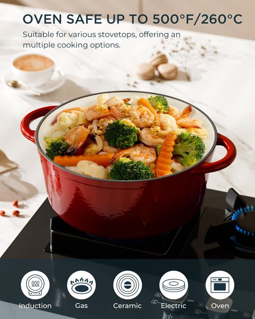 Enameled Cast Iron Dutch Oven - 6QT Pot with Lid & Cotton Potholders - Heavy-Duty Cookware for Braising, Stews, Roasting, Bread Baking, Oven Safe up to 500°F & Suitable for All Cooktops, Cherry Red