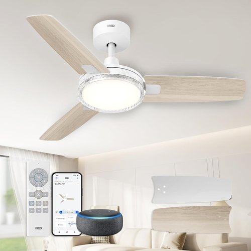DREO Smart Ceiling Fan - 42 Inch White Design with Dimmable LED Light & 12 Speeds | Quiet DC Motor & Remote Control