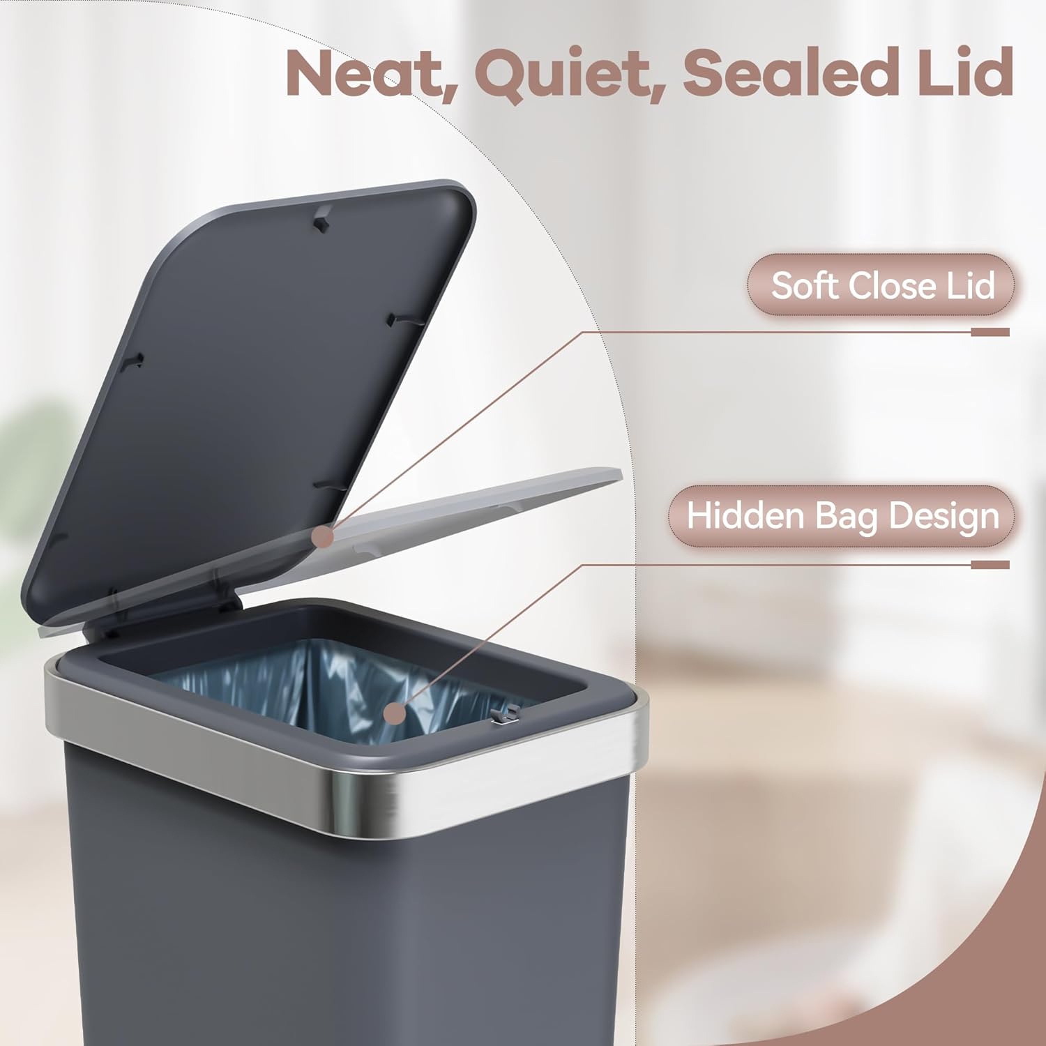 Regine Switzerland Slim Bathroom Trash Can - Soft Close Lid, 10L/2.6 Gallon, Modern Dark Gray Waste Basket
