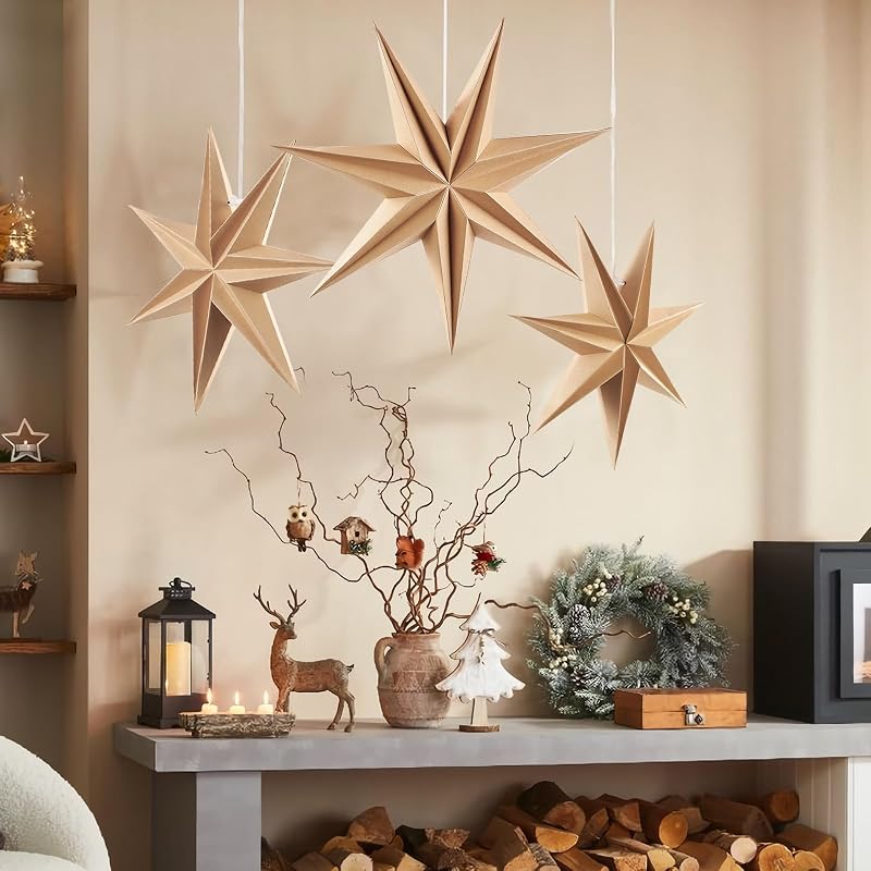 Christmas 12in 7-Pointed Natural Paper Star Hanging Decoration Set - 3 Warm Holiday Ornaments (Variation: Hot Brown Stars)