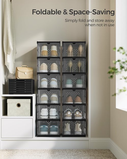 SONGMICS Foldable Shoe Boxes, Pack of 12 Stackable Shoe Storage Organizer, Set of 2 Integraed Shoe Cabinets, Portable, Fit up to US Size 13, 60s Assembly, Transparent and Ink Black ULSP206B01