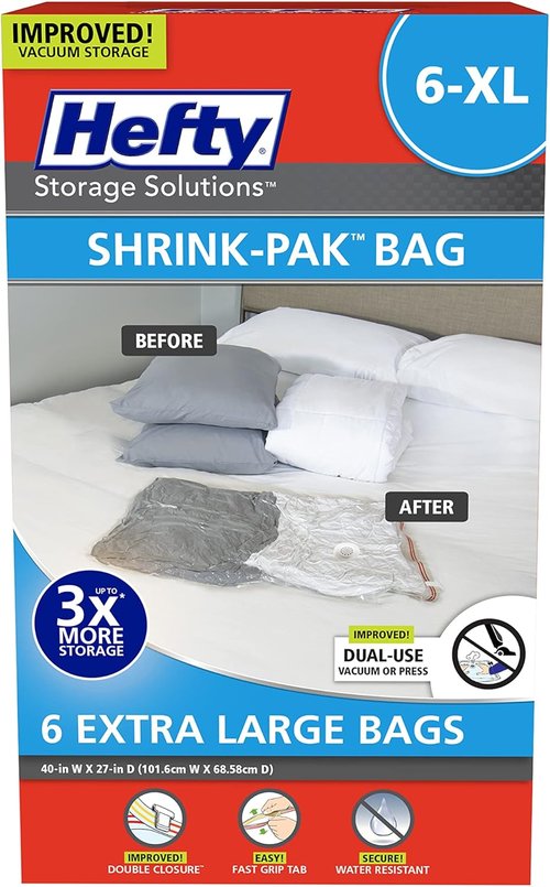 Hefty Shrink-Pak | Extra Large Vacuum Seal Storage Bags - Space Saver for Clothing & Blankets (6 Pack)